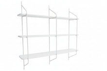 Load image into Gallery viewer, White metal shelf with three shelves on a white background