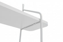 Load image into Gallery viewer, White metal shelf with hooks on a white background