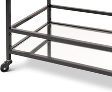 Load image into Gallery viewer, Glassara,, Rolling Bar Cart – 2‑Tier Mirror Shelves, Spill‑Guard Rails, Locking Casters, Satin Black Metal Frame