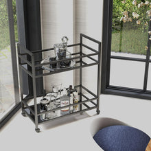 Load image into Gallery viewer, Glassara,, Rolling Bar Cart – 2‑Tier Mirror Shelves, Spill‑Guard Rails, Locking Casters, Satin Black Metal Frame