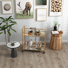 Load image into Gallery viewer, Glassara,, Rolling Bar Cart – 2‑Tier Mirror Shelves, Spill‑Guard Rails, Locking Casters, Satin Gold Metal Frame