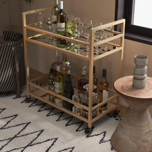 Load image into Gallery viewer, Glassara,, Rolling Bar Cart – 2‑Tier Mirror Shelves, Spill‑Guard Rails, Locking Casters, Satin Gold Metal Frame