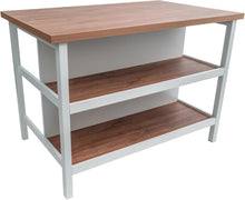 Load image into Gallery viewer, Wooden table with white frame and three shelves on a white background