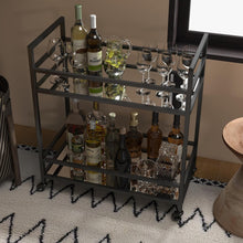 Load image into Gallery viewer, Glassara,, Rolling Bar Cart – 2‑Tier Mirror Shelves, Spill‑Guard Rails, Locking Casters, Satin Black Metal Frame
