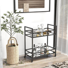 Load image into Gallery viewer, Glassara,, Rolling Bar Cart – 2‑Tier Mirror Shelves, Spill‑Guard Rails, Locking Casters, Satin Black Metal Frame
