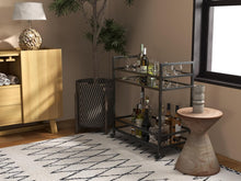 Load image into Gallery viewer, Glassara,, Rolling Bar Cart – 2‑Tier Mirror Shelves, Spill‑Guard Rails, Locking Casters, Satin Black Metal Frame
