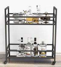 Load image into Gallery viewer, Glassara,, Rolling Bar Cart – 2‑Tier Mirror Shelves, Spill‑Guard Rails, Locking Casters, Satin Black Metal Frame
