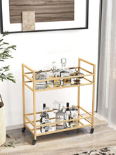 Load image into Gallery viewer, Glassara,, Rolling Bar Cart – 2‑Tier Mirror Shelves, Spill‑Guard Rails, Locking Casters, Satin Gold Metal Frame
