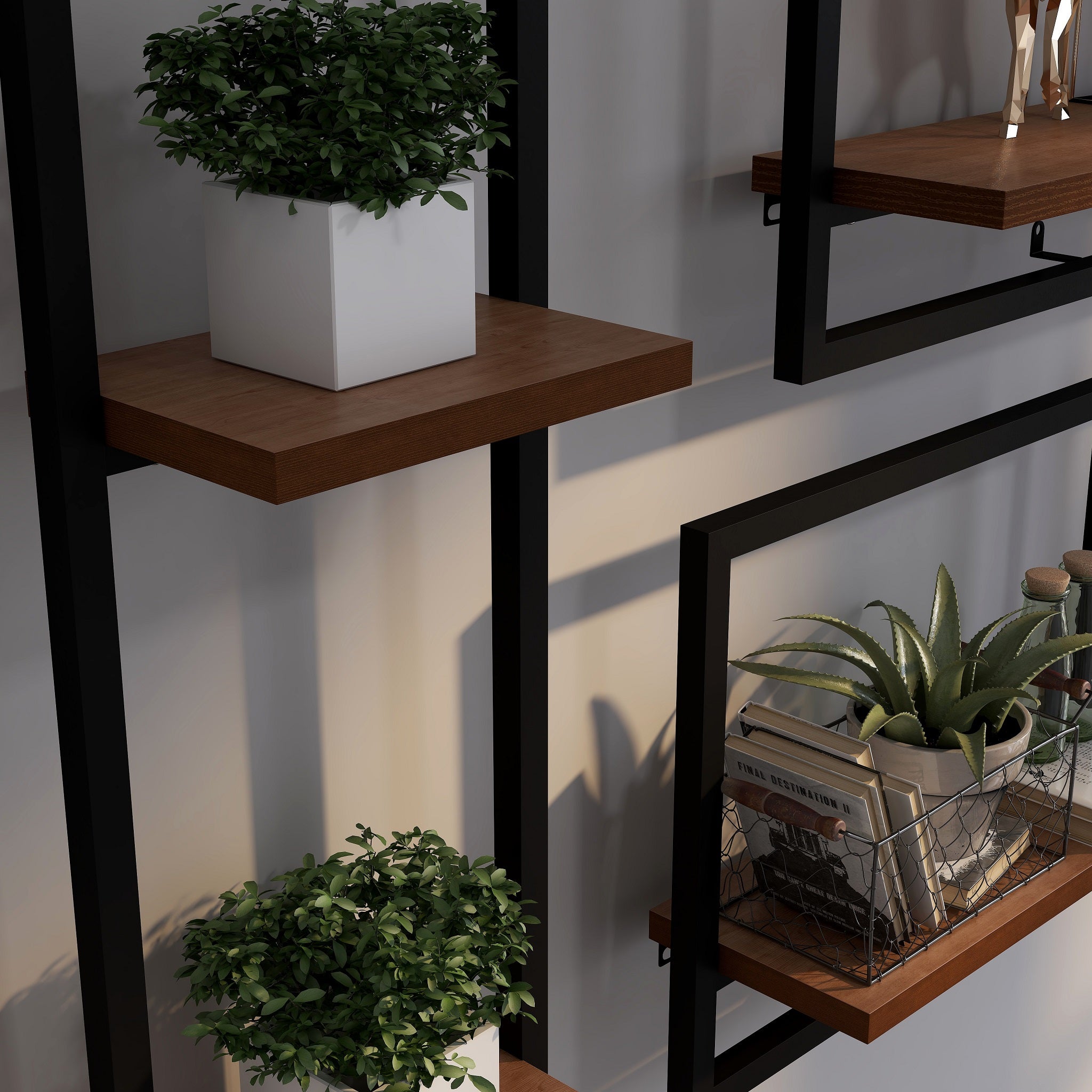 CB Home 21 Stories Industrial Wall Floating Shelves - Set Of 4, Different Sizes, Wood & Metal, Fully Assembled Frames
